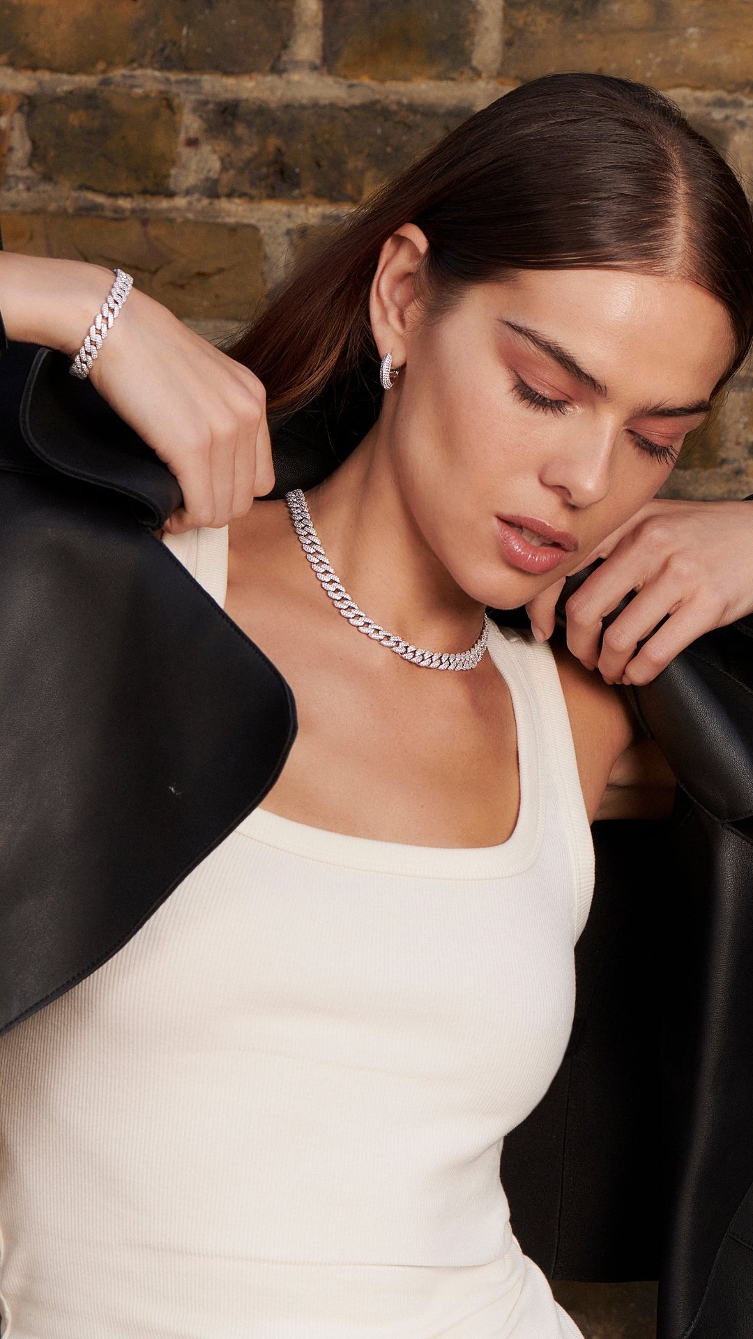 Sterling silver pavé  cuban chain jewellery for women with matching pavé  sterling silver hoops