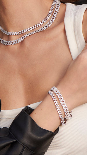 Vida bracelet stack and cuban chain necklaces layered. Sterling silver with pavé chains for women.