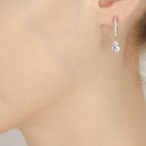 9K White Gold Hoop Earrings - Pear cut Drop microset hoop earrings